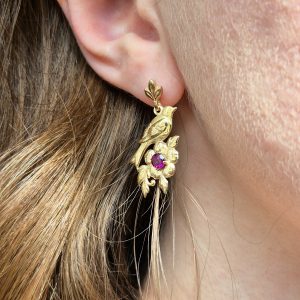 14K Bird Flower Earrings with Rhodolite