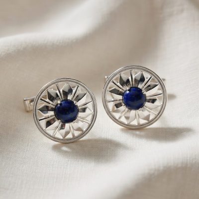 Round Deco Cufflinks with Lapis in Sterling Silver