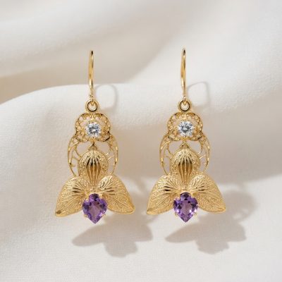 Orchid Earrings in 14K Gold with Diamonds and Amethysts