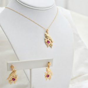 14K Bird Flower Necklace and Earrings with Rhodolite