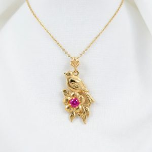 14K Bird Flower Necklace with Rhodolite