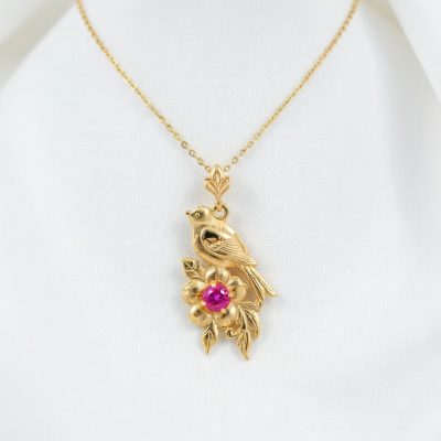14K Bird Flower Necklace with Rhodolite