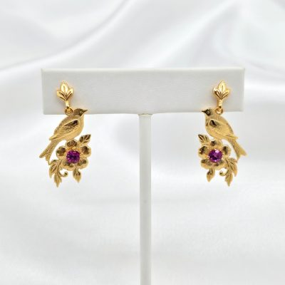 14K Bird Flower Earrings with Rhodolite