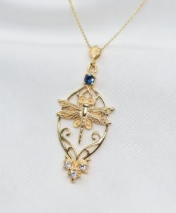Dragonfly Necklace 14K with Diamonds and Topaz