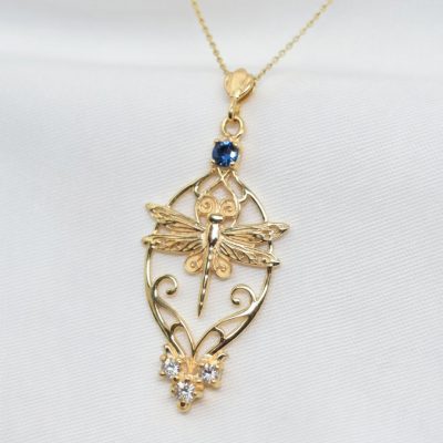 Dragonfly Necklace 14K with Diamonds and Topaz