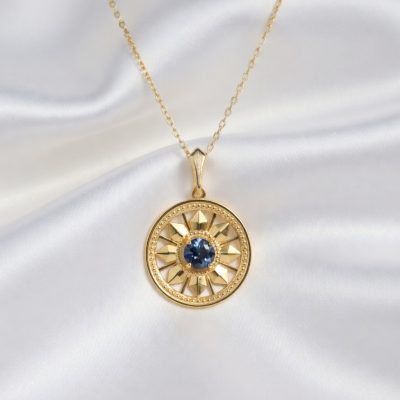 Round Deco Necklace 14K with London Blue Topaz