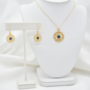 Round Deco Necklace and Earrings in 14K with London Blue Topaz