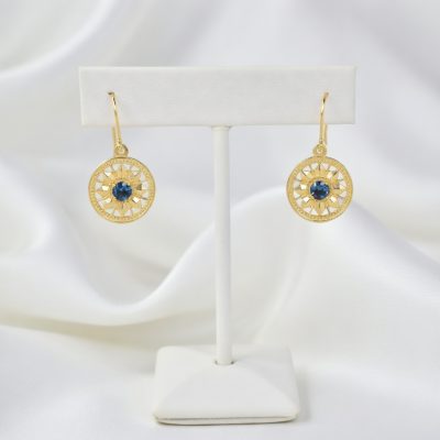 Round Deco Earrings in 14K with London Blue Topaz