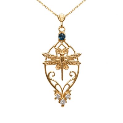 14K yellow gold Nouveau Dragonfly necklace with a London blue topaz and three diamonds, front view on a white background