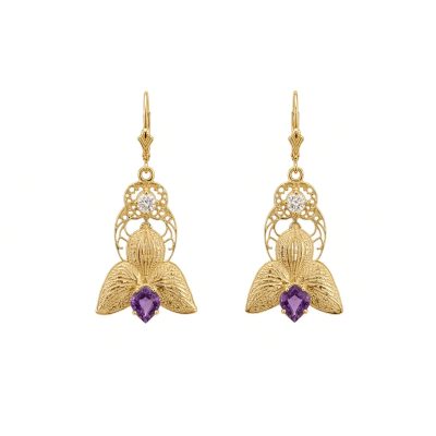 Pair of 14K yellow gold orchid drop earrings with diamonds and amethysts on lever backs, white background