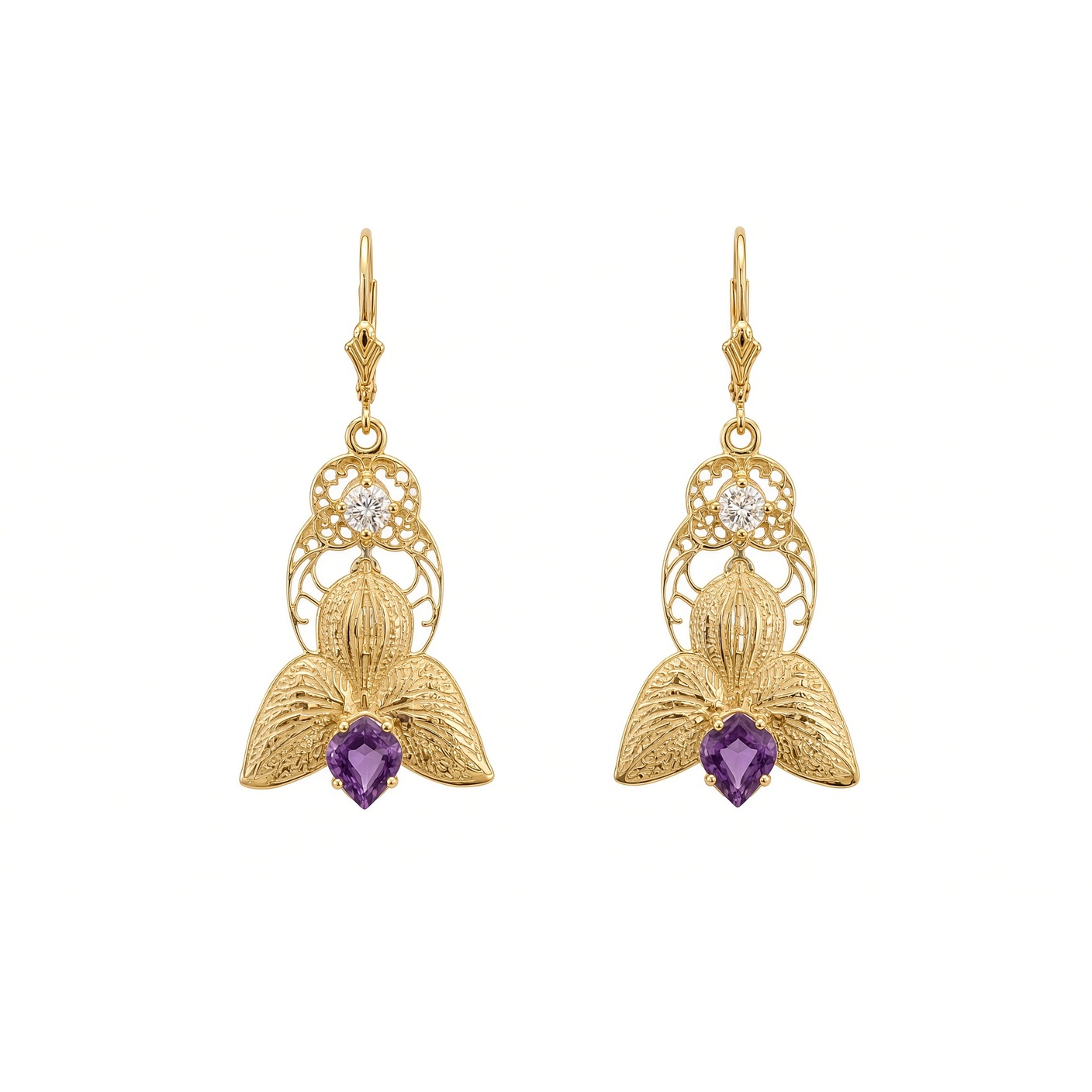 Pair of 14K yellow gold orchid drop earrings with diamonds and amethysts on lever backs, white background
