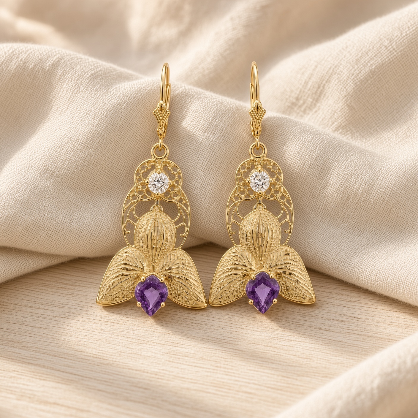 14K yellow gold filigree orchid earrings with diamonds and amethysts on cream linen