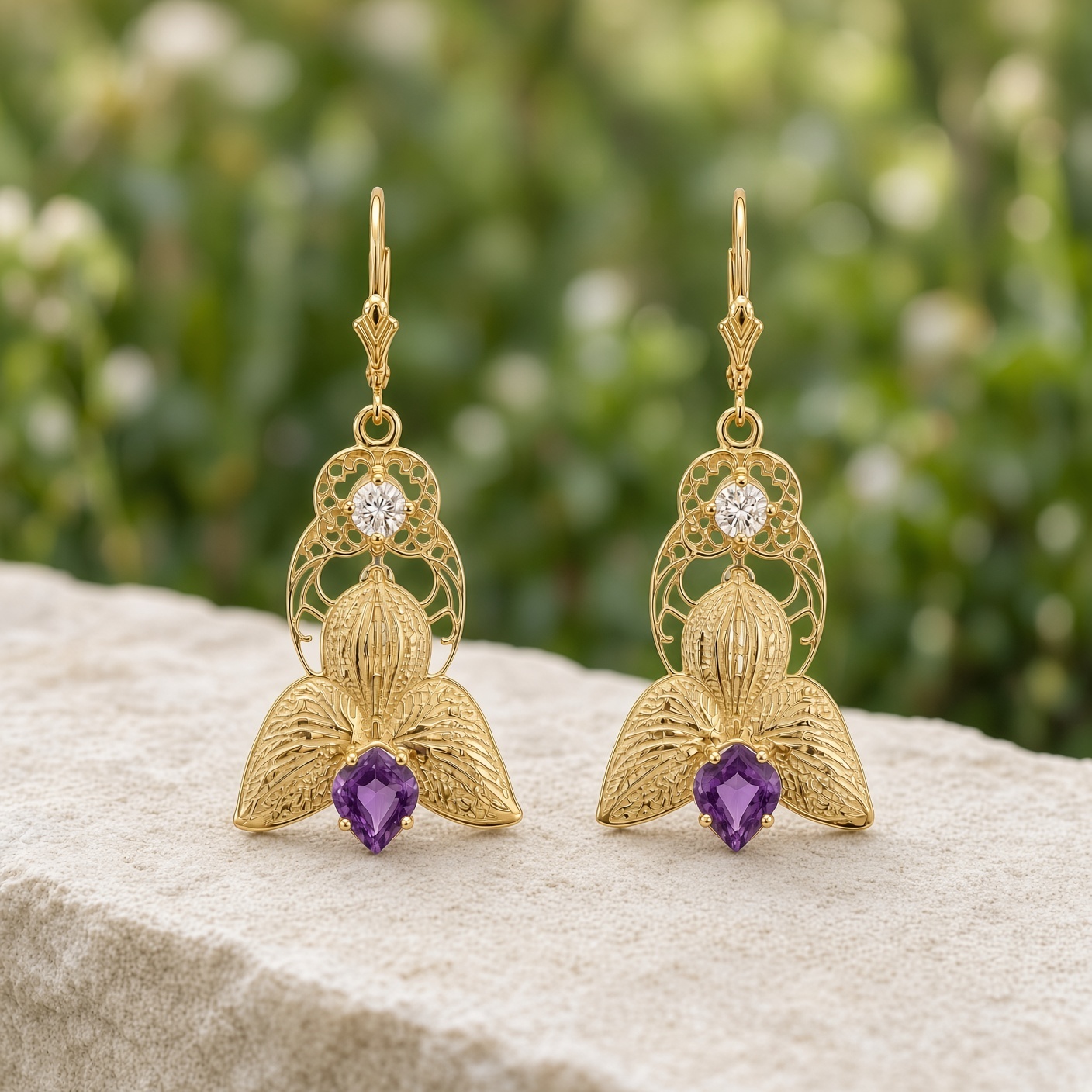 Gold orchid earrings with amethysts and diamonds on a pale stone ledge with green foliage behind