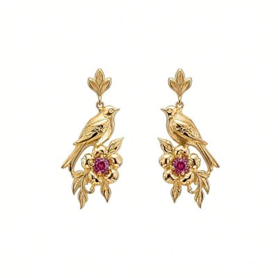Pair of 14K yellow gold songbird drop earrings perched on flowers with rhodolite garnet centers, white background