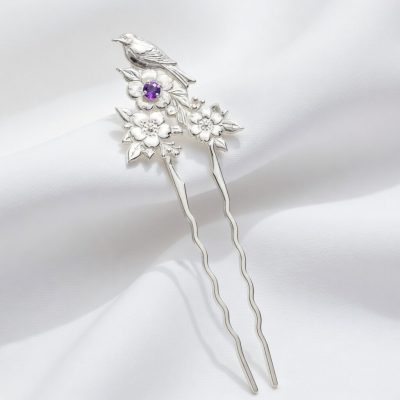Bird Flower Hair Pin in Sterling Silver with Amethyst