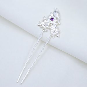 Bird Flower Hair Pin in Sterling Silver with Amethyst