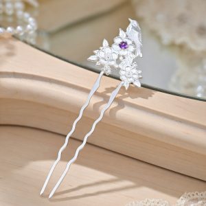 Bird Flower Hair Pin in Sterling Silver with Amethyst