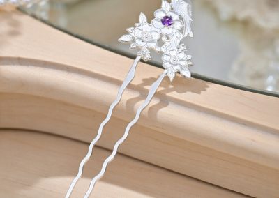 Bird Flower Hair Pin in Sterling Silver with Amethyst