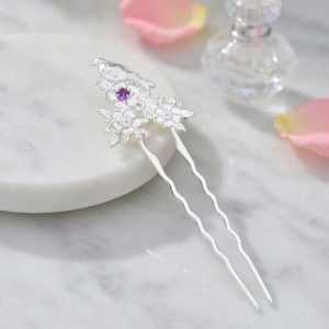 Bird Flower Hair Pin in Sterling Silver with Amethyst
