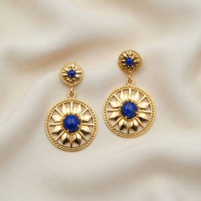 Double Round Deco Earrings in 14K with Lapis