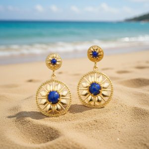 Double Round Deco Earrings in 14K with Lapis