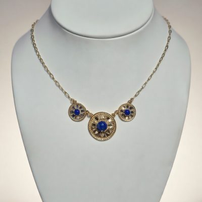 Triple Round Deco Necklace in 14K with Lapis
