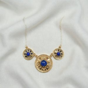 Triple Round Deco Necklace in 14K with Lapis