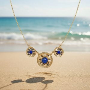 Triple Round Deco Necklace in 14K with Lapis