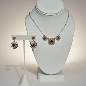 Round Deco Necklace and Earring set in 14K Gold and Lapis