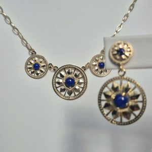 Round Deco Necklace and Earring set in 14K Gold and Lapis