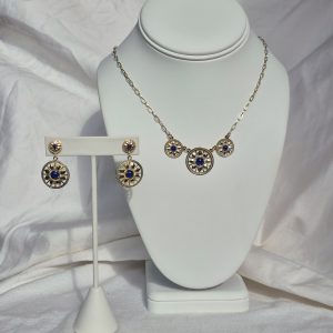 Round Deco Necklace and Earring set in 14K Gold and Lapis