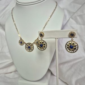 Triple Round Deco Necklace in 14K with Lapis