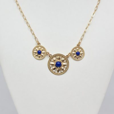 Triple Round Deco Necklace in 14K with Lapis