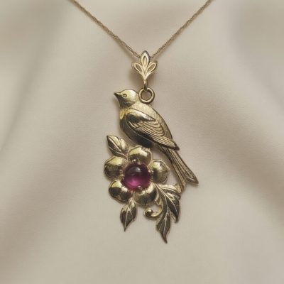 14K Bird Flower Necklace with Tourmaline