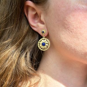 Double Round Deco Earrings in 14K with Lapis