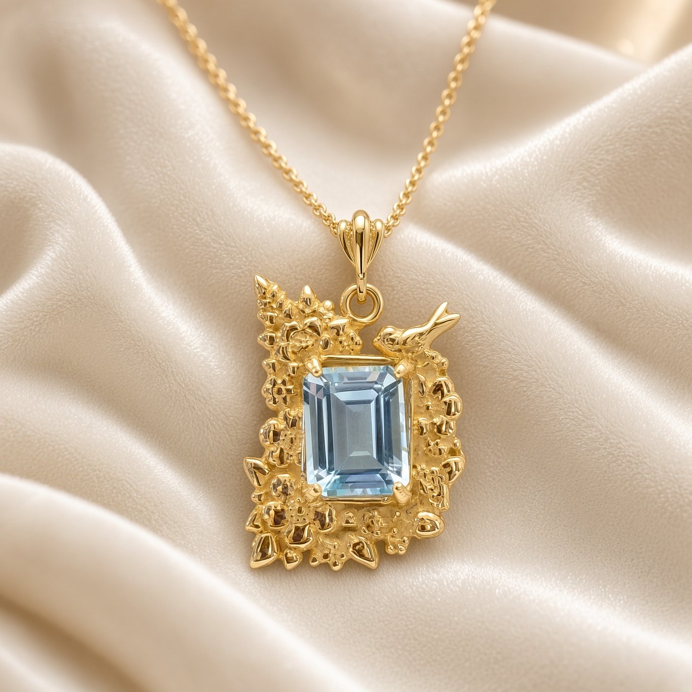 14K gold sky blue topaz flower and bird pendant on draped cream satin