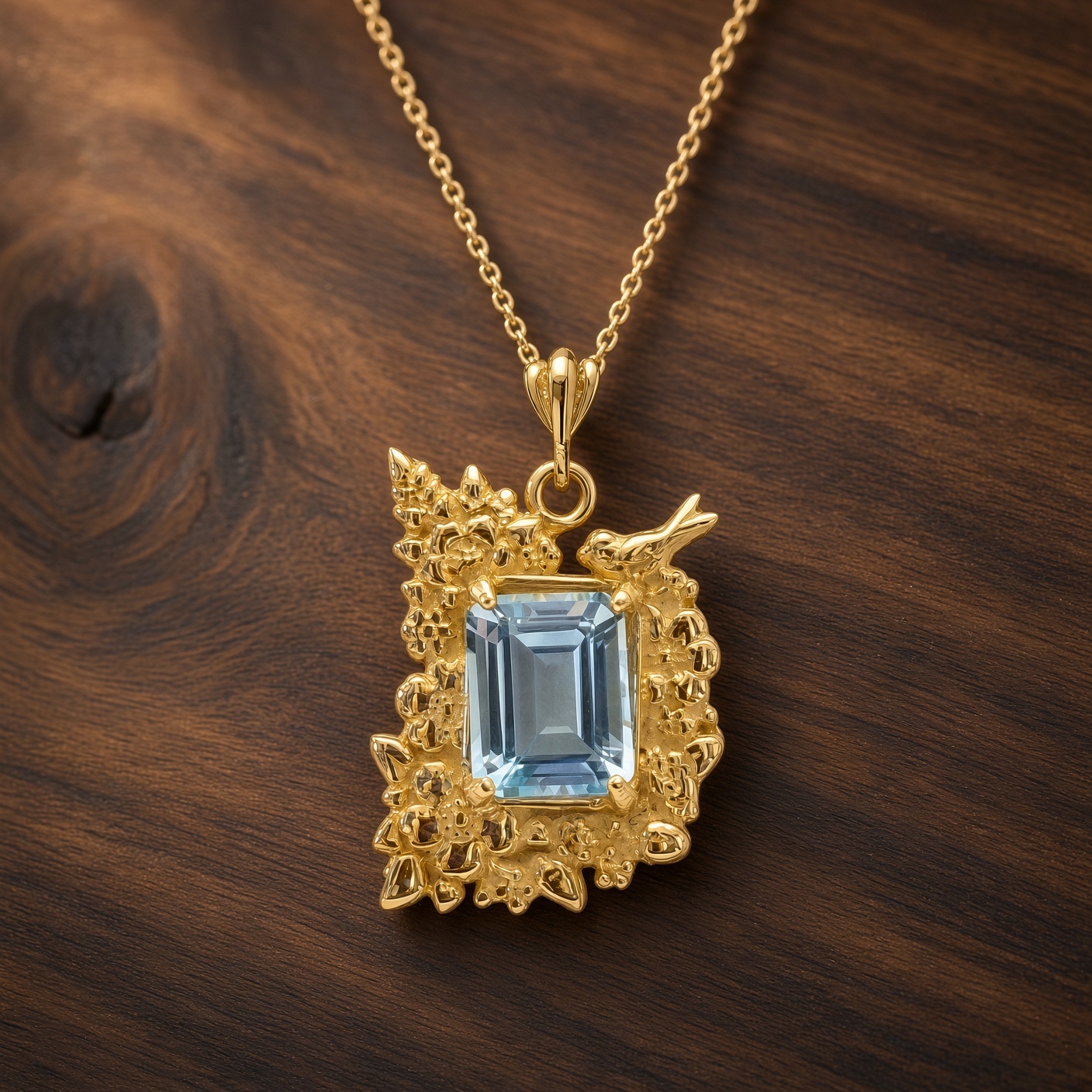 Sky blue topaz and gold flower pendant with a perched bird on dark wood