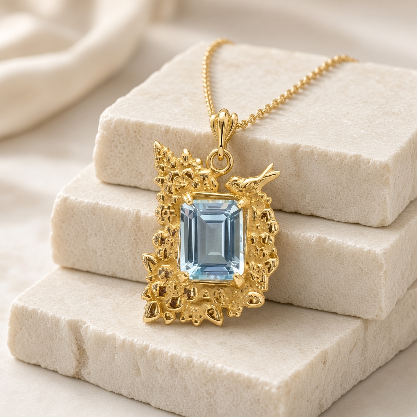 14K gold blue topaz pendant with flowers and a bird resting on stacked cream stone tiles