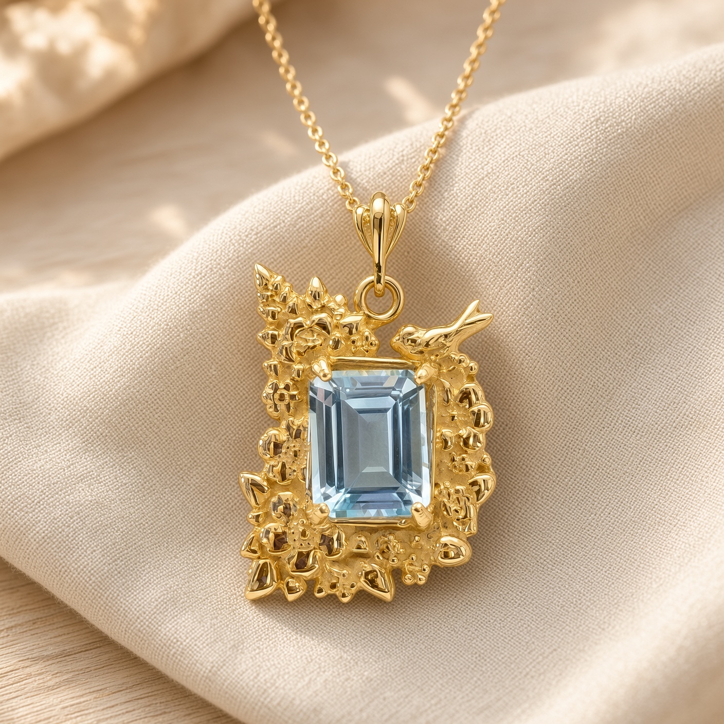 14K yellow gold blue topaz flower necklace on soft cream linen