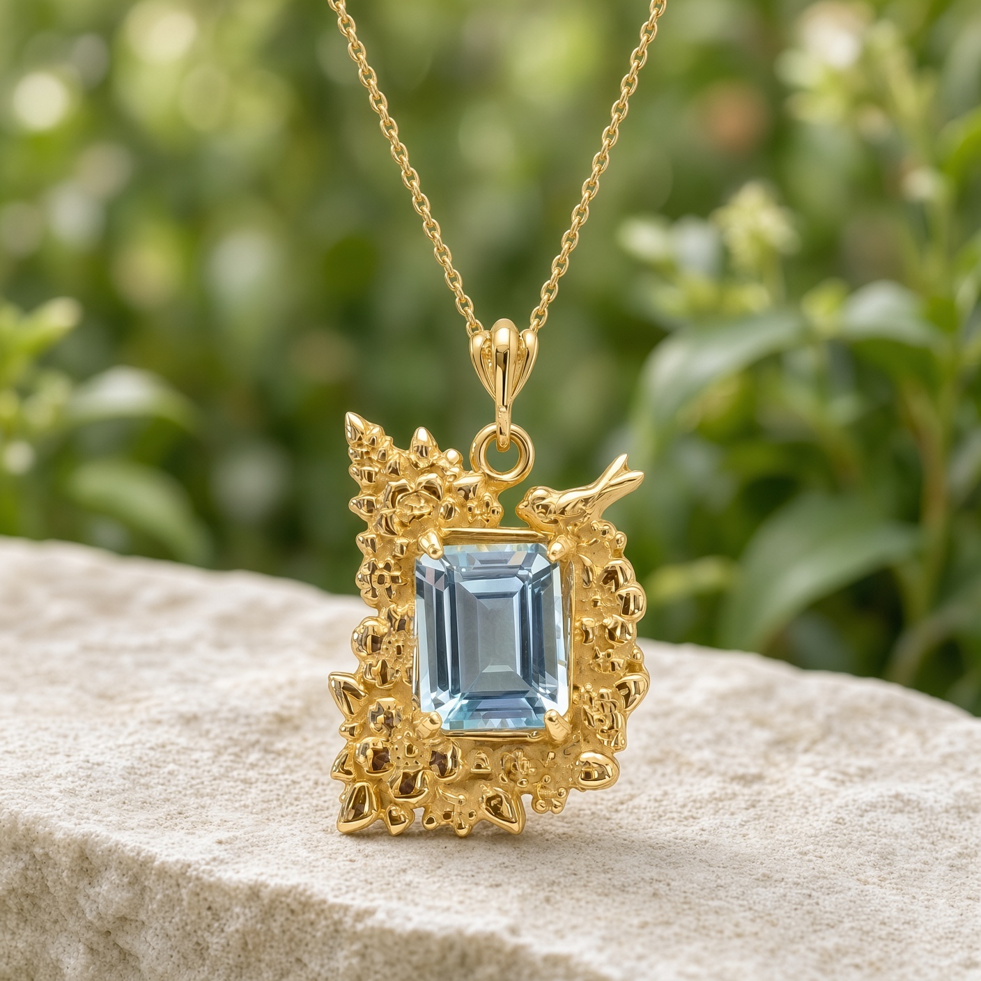 Gold corner flower pendant with sky blue topaz on a pale stone ledge with green foliage behind