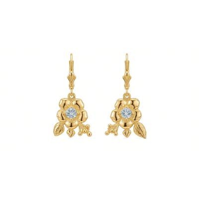 Pair of 14K yellow gold flower drop earrings with aquamarine centers on lever backs, white background