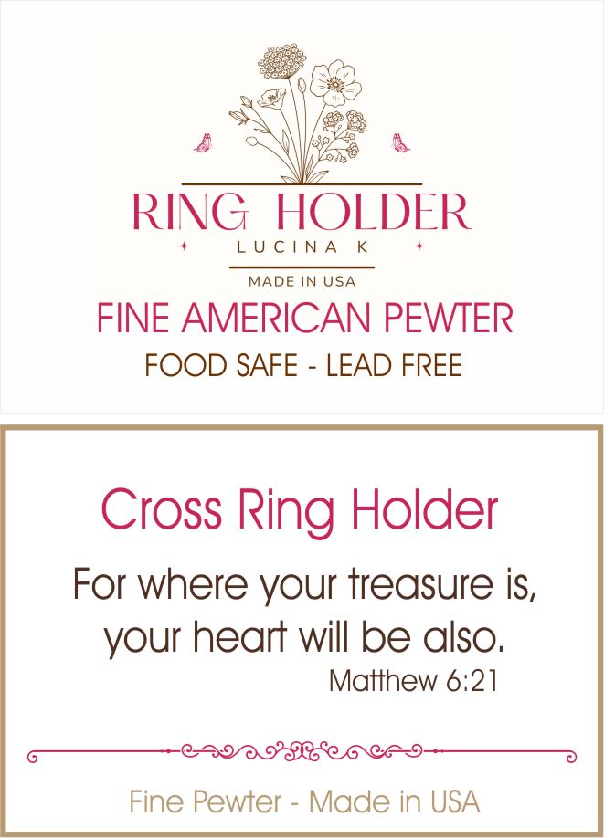 Cross Ring Holder story card reading For where your treasure is, your heart will be also, Matthew 6:21