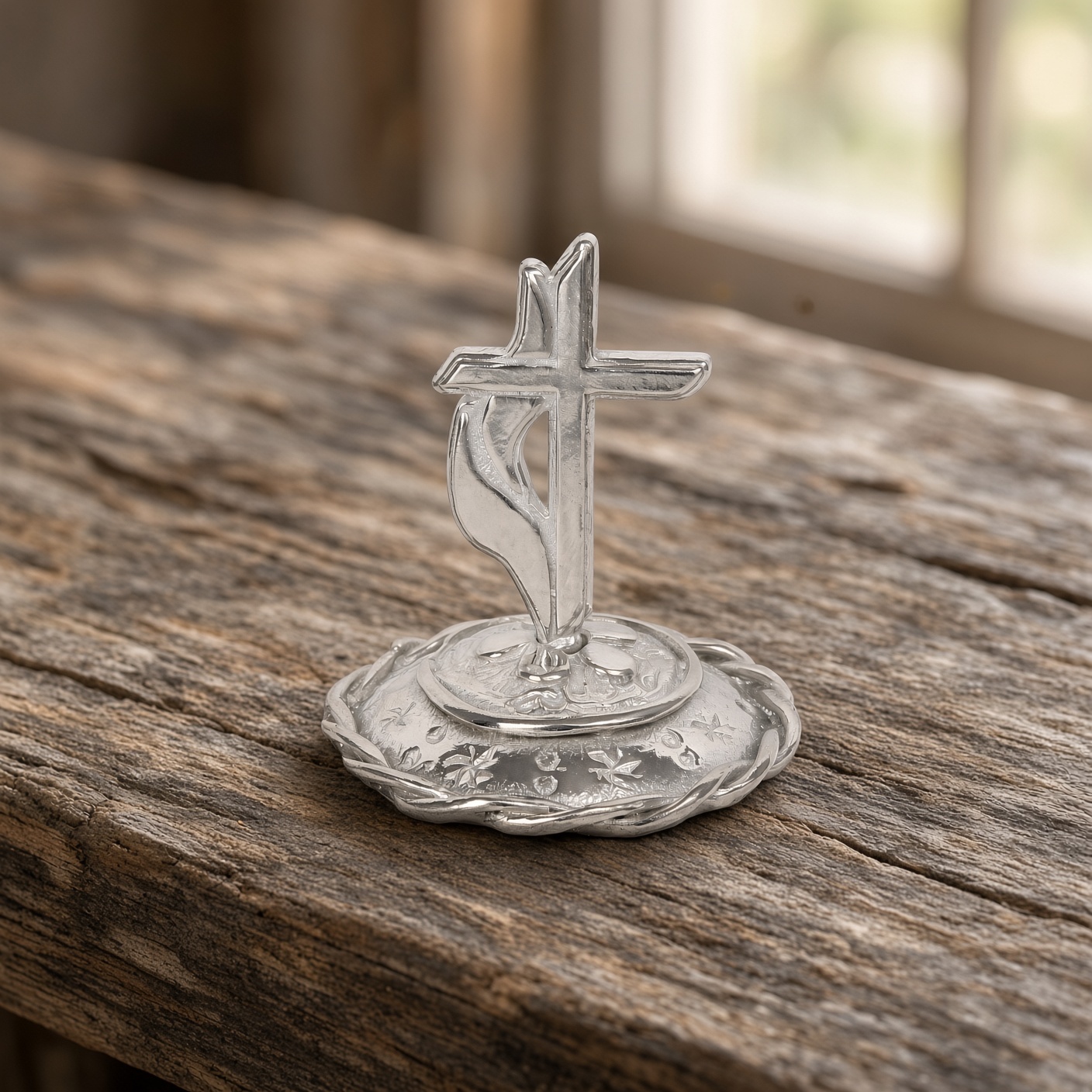 Pewter cross and flame ring stand on weathered wood by a window