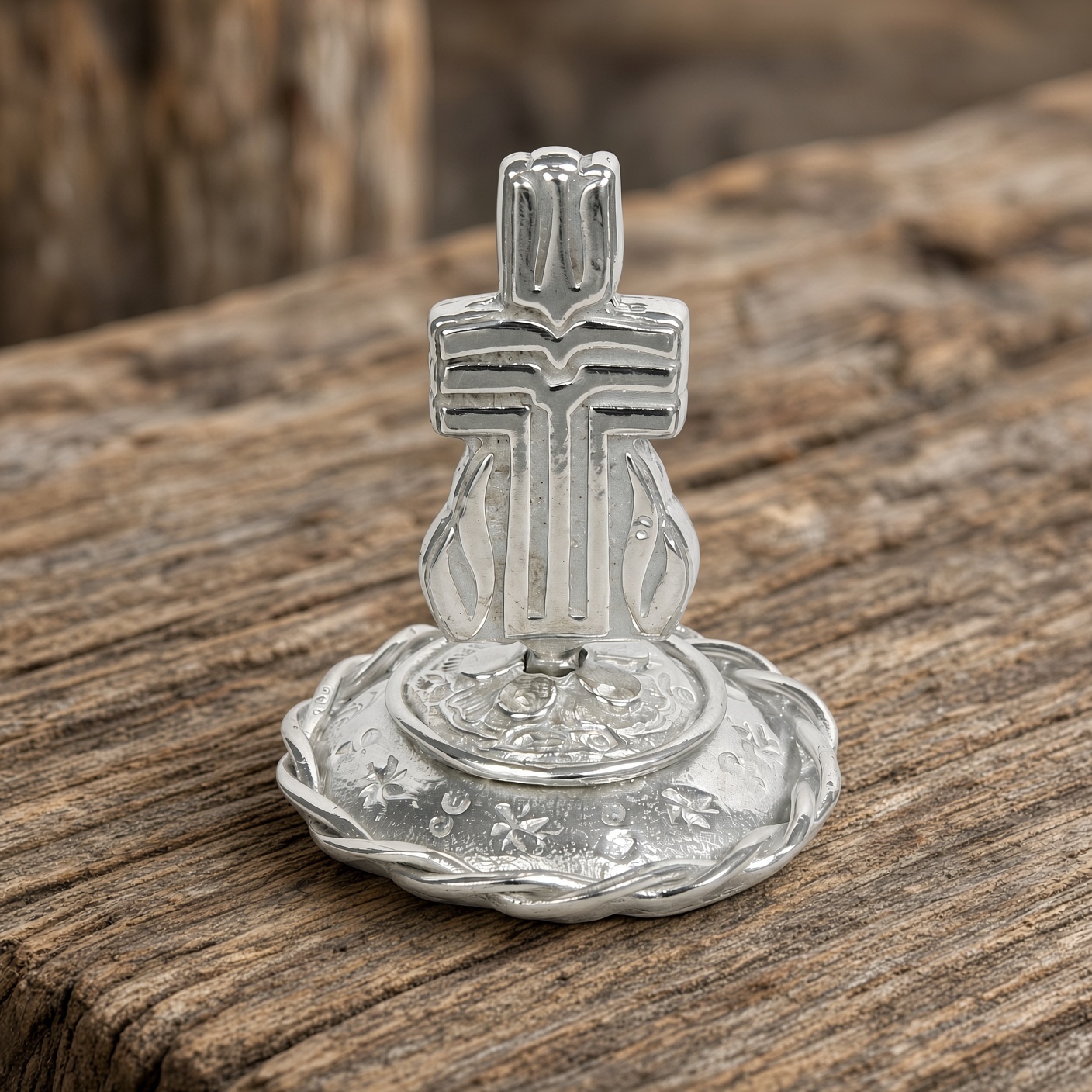 Pewter Presbyterian cross ring stand on weathered wood