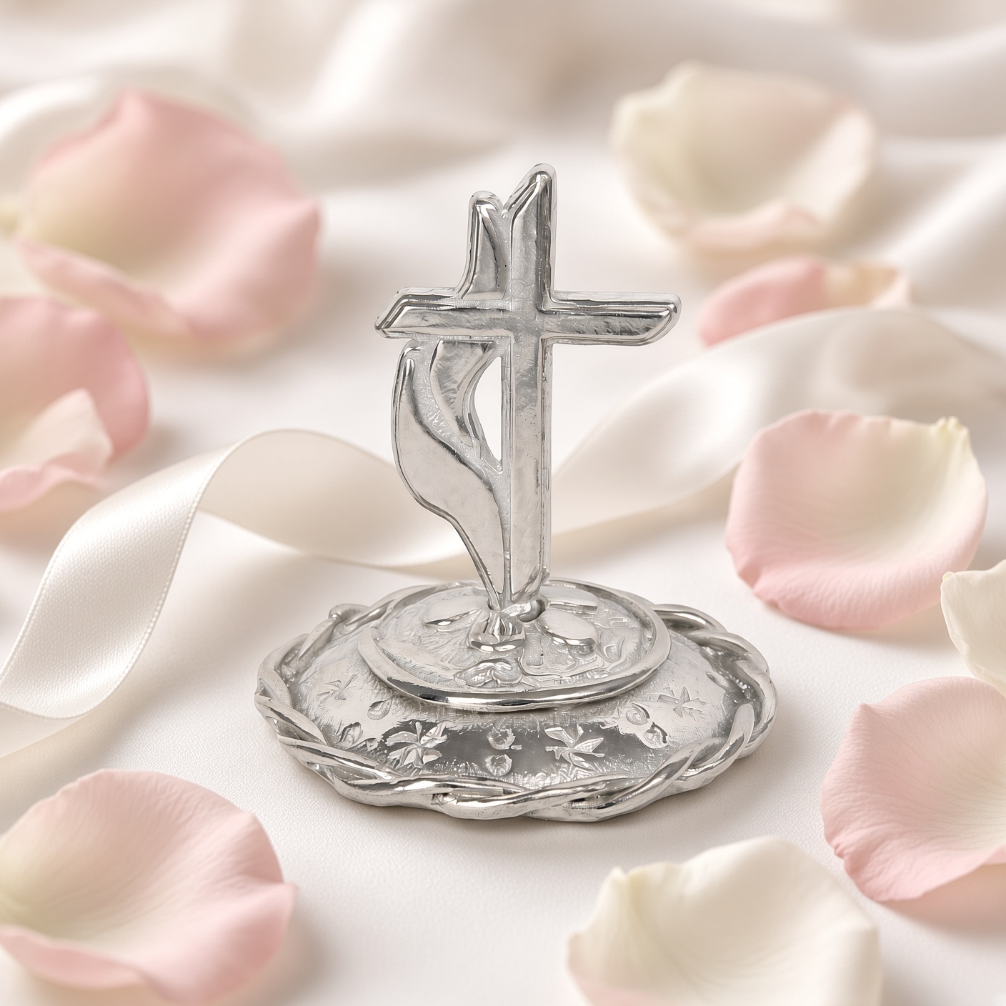 Pewter cross and flame ring stand on white satin with rose petals and ribbon