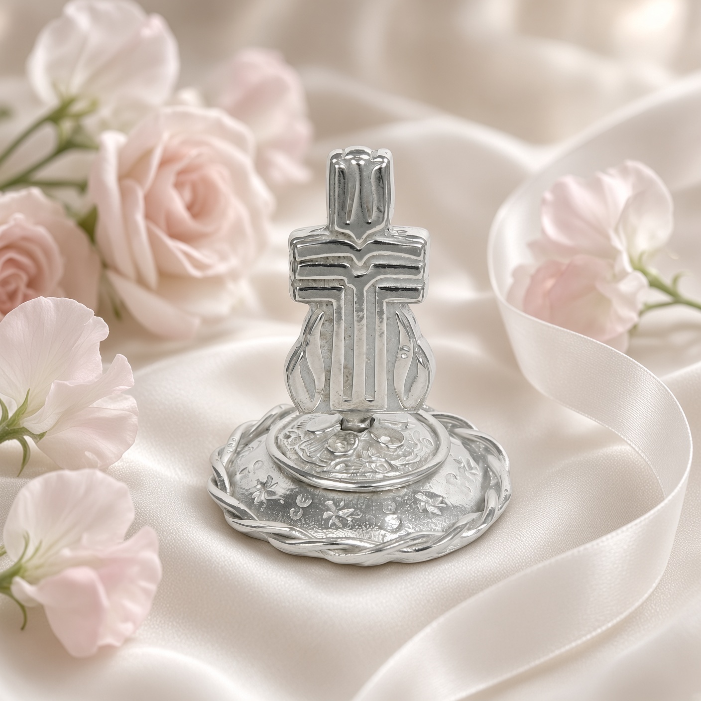 Pewter Presbyterian cross ring stand on white satin with pink roses