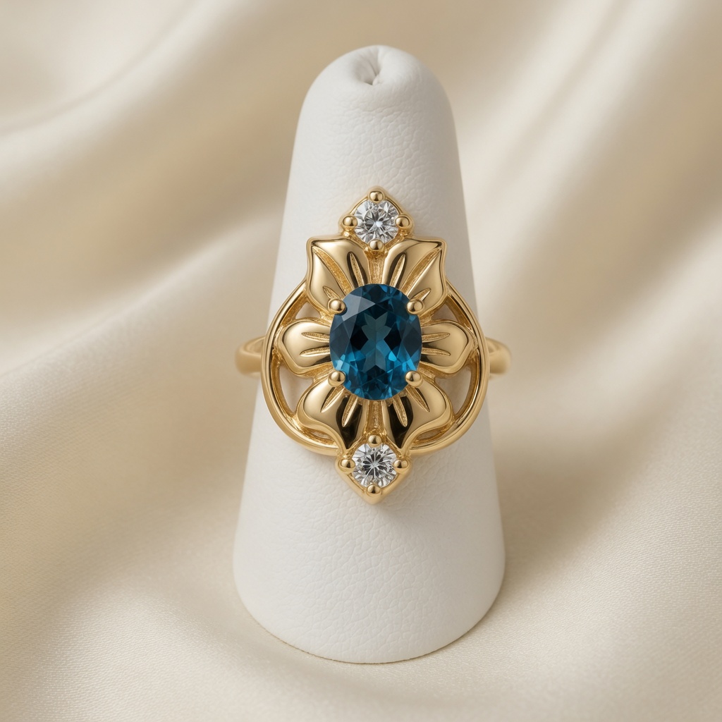 Nouveau Flower Ring with London blue topaz and diamonds displayed on a white ring cone over cream fabric