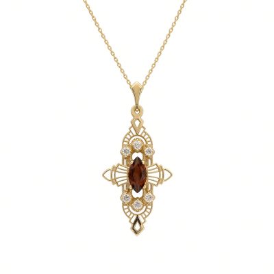Marquise Deco necklace in 14K yellow gold with a Madeira citrine and diamonds on a white background
