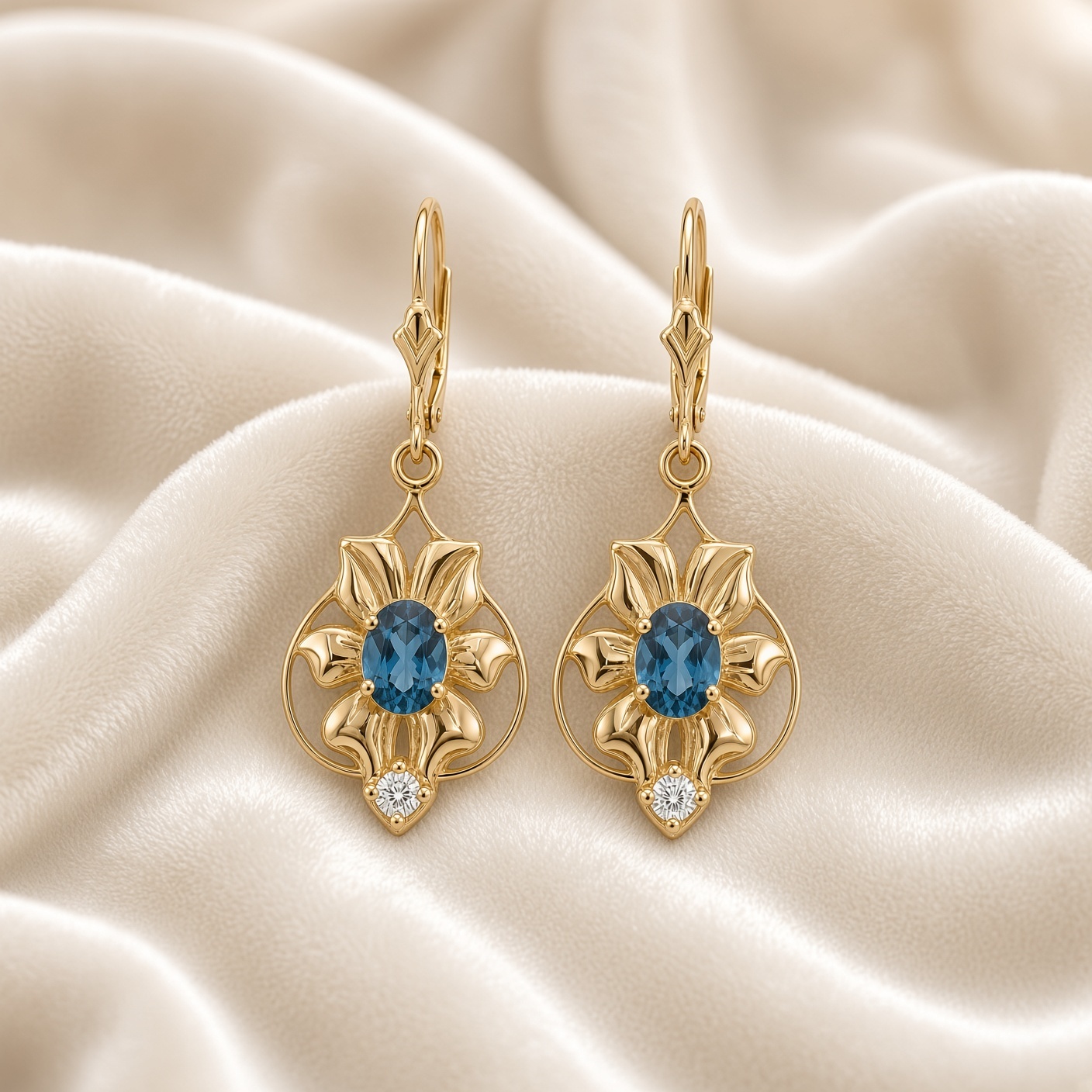Pair of 14K gold art nouveau flower earrings with London blue topaz and diamonds resting on draped cream silk