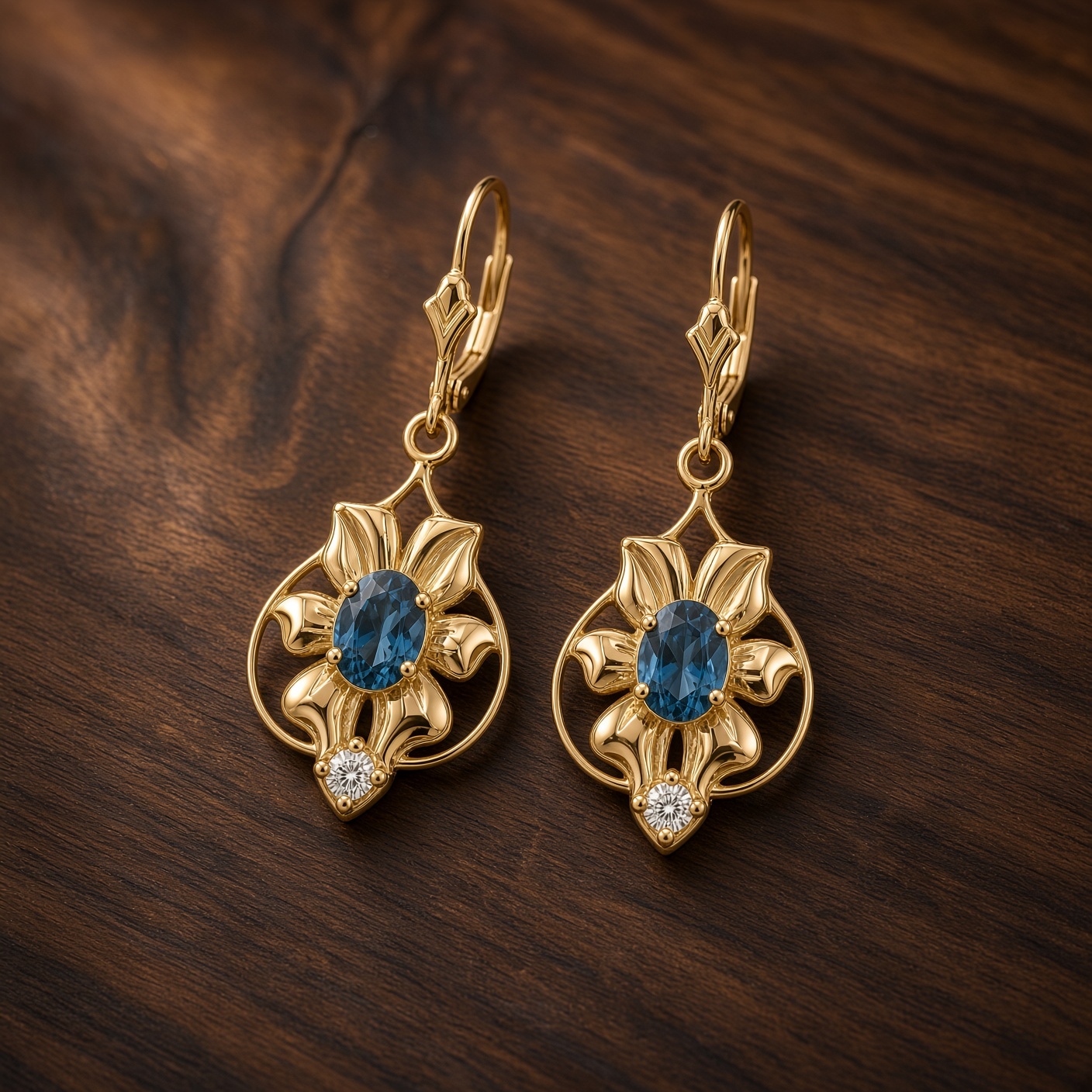 Gold art nouveau flower earrings with deep blue topaz displayed on dark wood